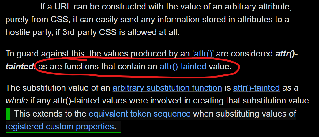 If a URL can be constructed with the value of an arbitrary attribute, purely from CSS, it can easily send any information stored in attributes to a hostile party, if 3rd-party CSS is allowed at all.