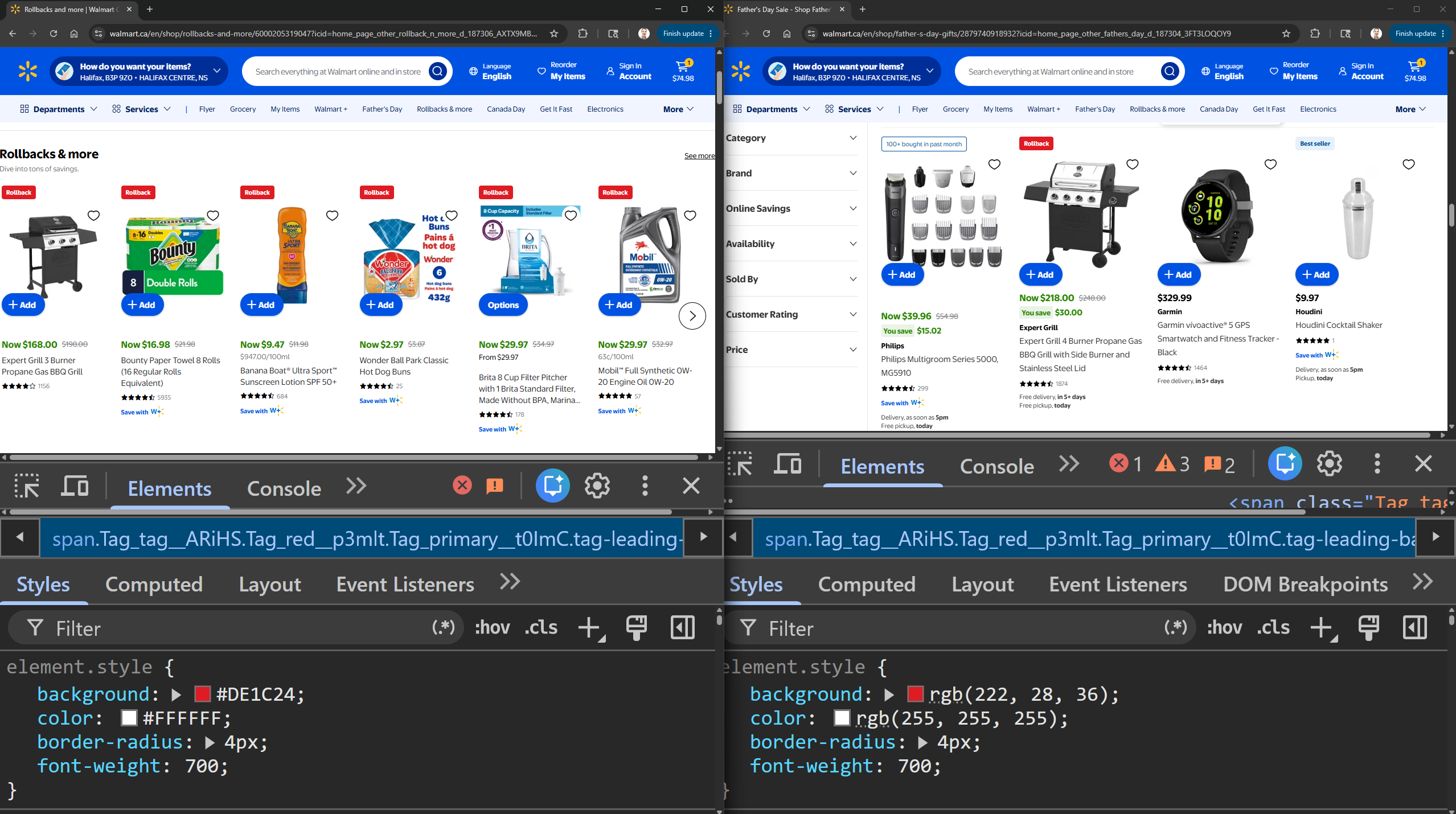 walmart server side injected code for the styling of a badge, with two different pages using different values, one using HEX, the other rgb() to get to the same color