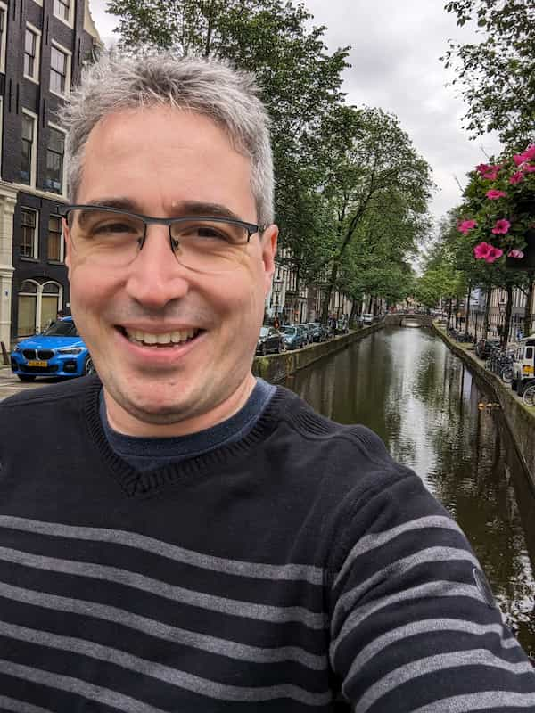 Selfie, standing on a bridge over a canal in Amsterdam